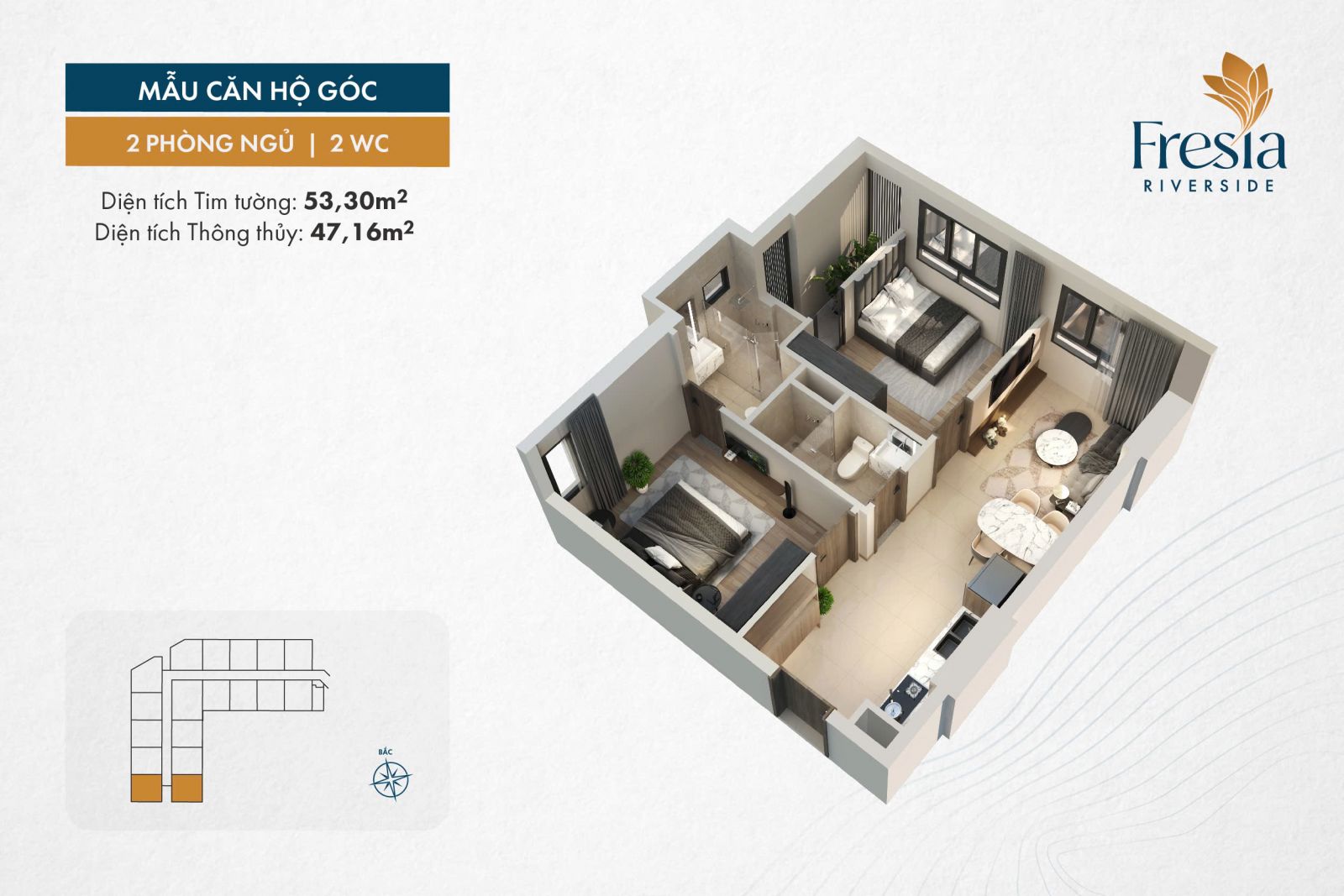 layout căn góc 02 phòng ngủ 02 wc Fresia Riversdie Biên Hòa