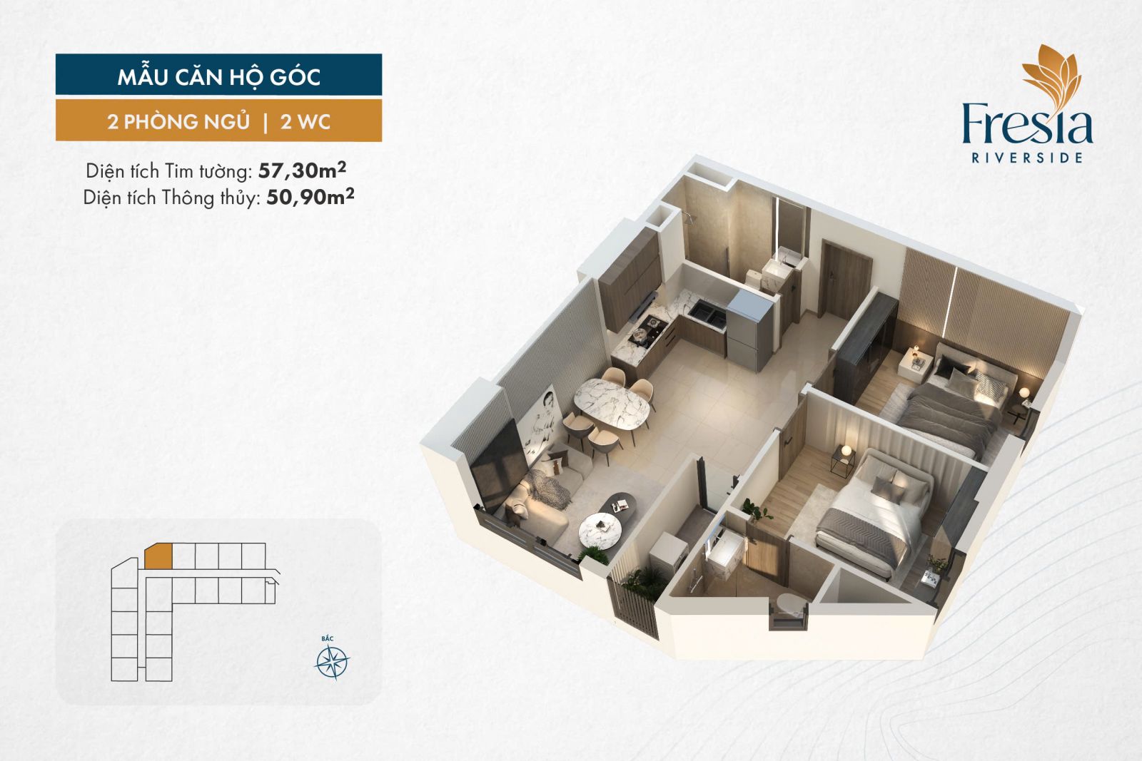 layout căn góc 02 phòng ngủ 02 wc Fresia Riversdie Biên Hòa